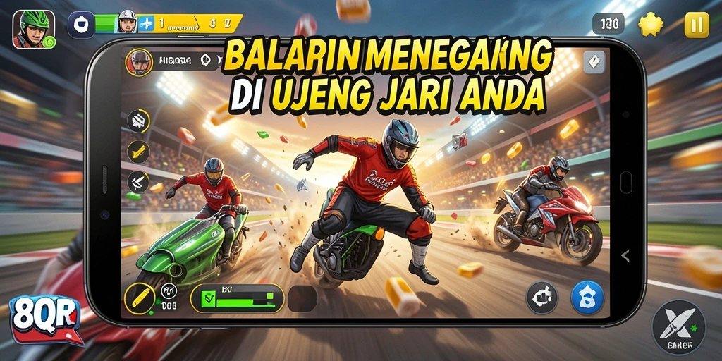Screenshot utama 8QR menunjukkan balapan mendebarkan penuh aksi.