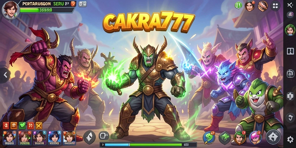 Tampilan gameplay mendebarkan dengan karakter bertarung di arena.