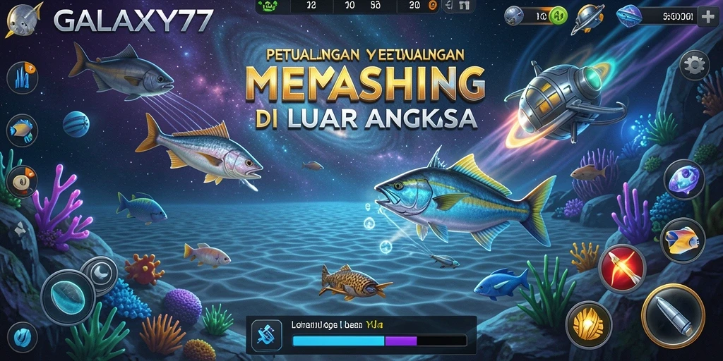 Screenshot GALAXY77 menunjukkan aksi memancing yang mendebarkan di luar angkasa.