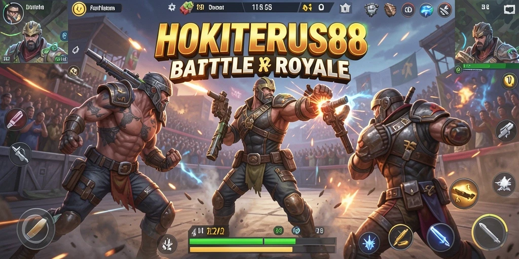 Screenshot utama HOKITERUS88 menampilkan aksi pertempuran mendebarkan dalam game Battle Royale.