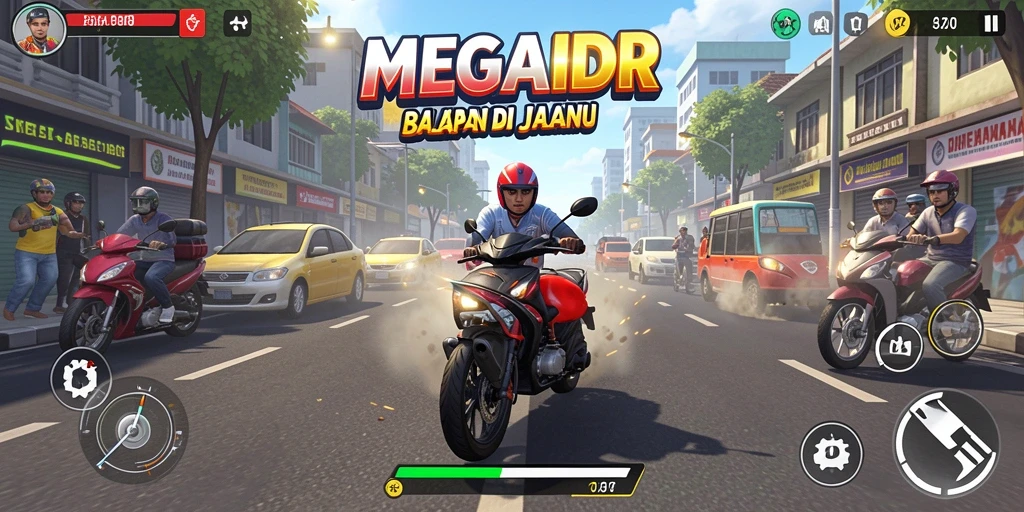 Tampilan gameplay MEGAIDR menampilkan balapan seru di berbagai trek.