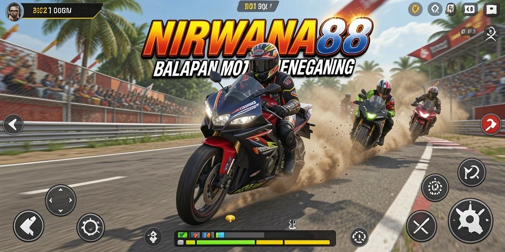 Screenshot gameplay NIRWANA88 menampilkan aksi balapan motor yang intens.