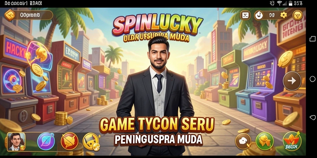 Screenshot gameplay SPINLUCKY menampilkan pengelolaan bisnis yang dinamis.