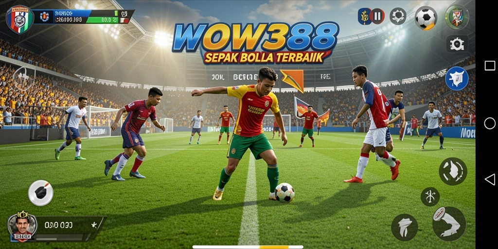 Tampilan gameplay WOW388 menampilkan aksi sepak bola yang seru dan dinamis.